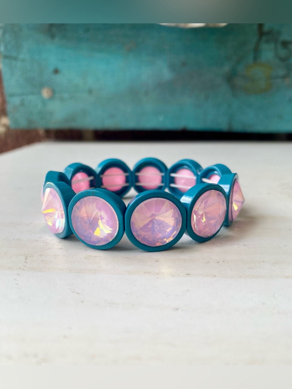 Stretchy Chunky Gemstone Bracelet in Teal Blue and Iridescent Pink